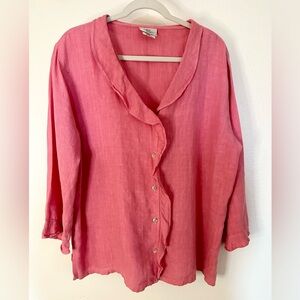 100% Linen Pink Ruffle Button Front Top Made in USA Hot Cotton